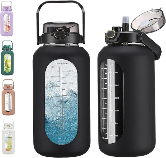 chunmo 74 oz Glass Water Bolttles with Straw Large Motivational Water Bottle with Time Marker Sports Water Bottles with Silicone Sleeve and Handle Lid 2.2L Water Jug for Gym Workout