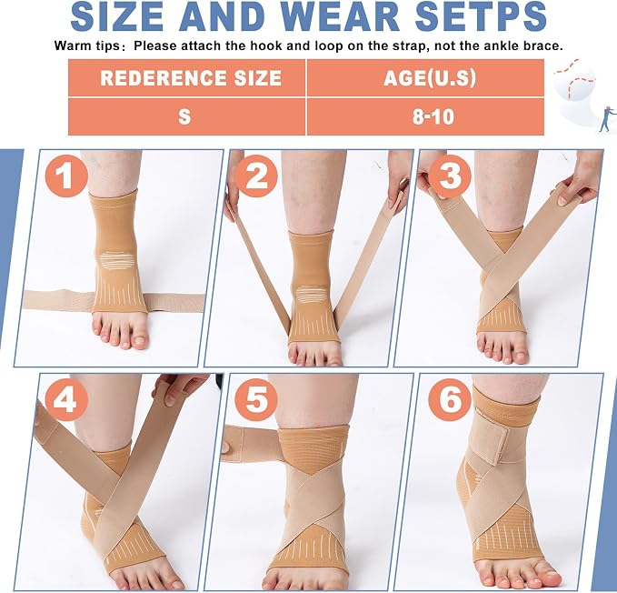 Tarpop 1 Pair Ankle Brace for Kids Compression Ankle Sleeves Adjustable Foot Support Brace Elastic Guard for Children Boys Girls Sports Running Jogging Dance Fitness Gymnastics(Beige,Small)