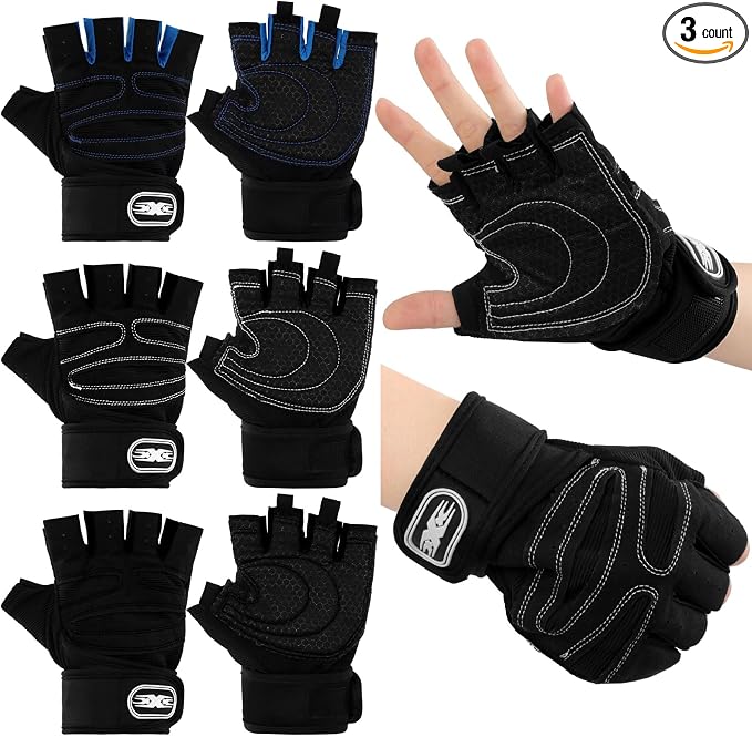 Fourluoo 3 Pairs Weight Lifting Gloves for Men Women, Gym Workout Gloves with Full Palm Protection, Breathable Anti-Slip Fitness Glove for Training, Cycling, Pull-ups, Medium