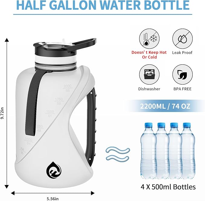 Half Gallon Water Bottle with Straw, BPA-Free Plastic Water Bottle, Dishwasher Safe Design and Durable Solid No-Slip Handle for Gym，Sports and Travel