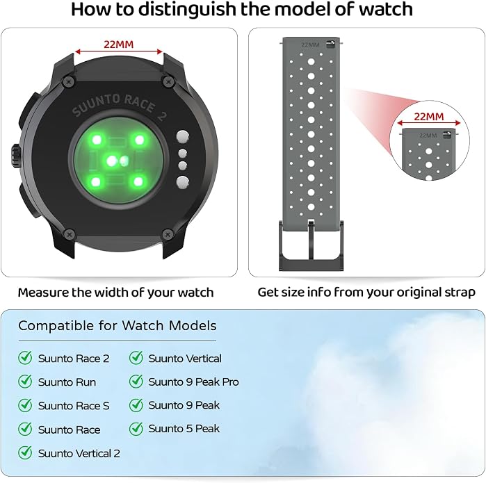 Watch Band for Suunto Race 2/Vertical 2/Run/S/9 Peak/Pro/5 Peak | Soft Silicone 22mm Replacement Bands for Vertical/Race/9 Peak Pro