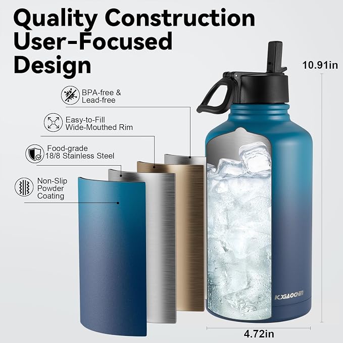 KXIAOCHEN Insulated Water Bottle with Strap, 48-Hour Cold, 2 Lids | Triple-wall insulation, lead-free 18/8 Stainless steel, paracord handle, carabiner clip, for gym, hiking, camping and travel