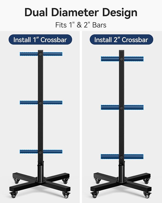 Movable Olympic Weight Plate Tree with 6 Metal Pegs | Fits 1" & 2" Weight Plates, Heavy Duty Storage Rack with Barbell Holders for Home & Garage Gym