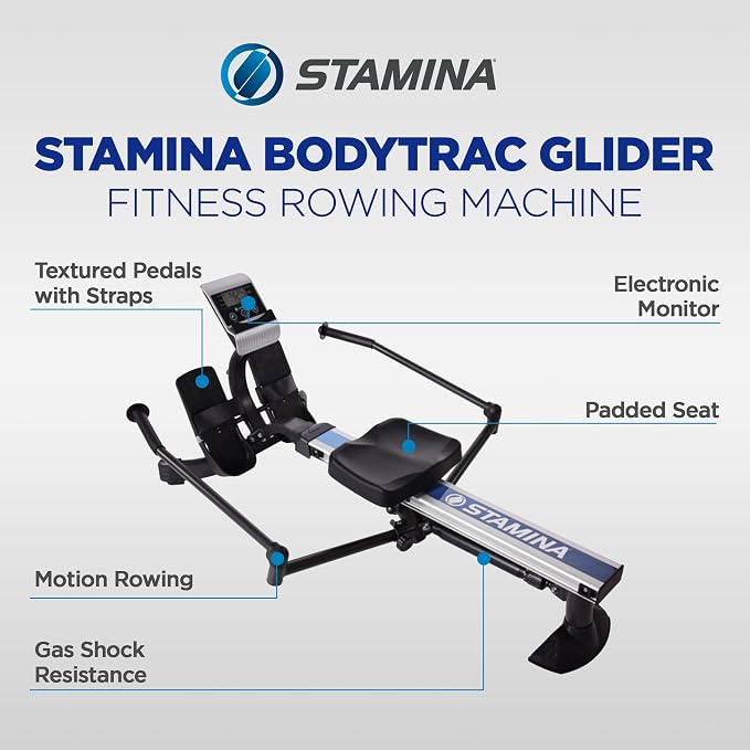 Stamina Hydraulic Rowing Machine, BodyTrac Glider with Cylinder Resistance, 250 Lbs - Home and Gym Exercise Equipment - Ideal for Fitness Training and Body Workout