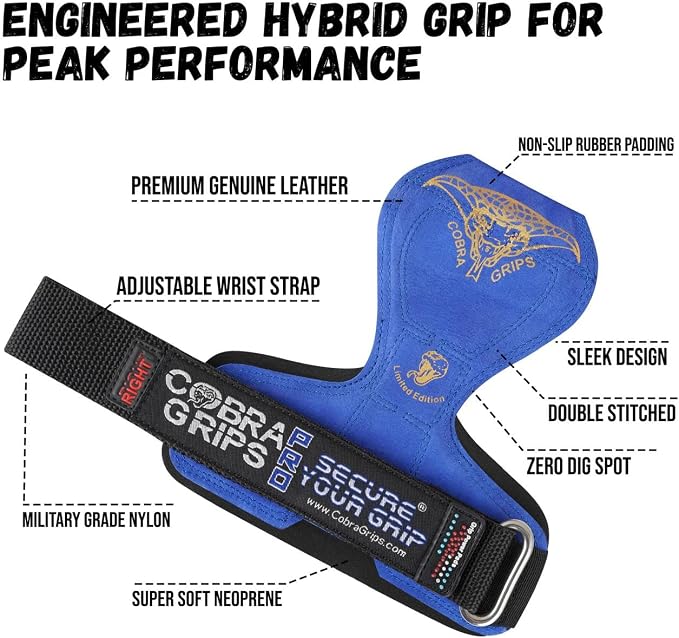 Cobra Grips Weight Lifting Gloves with Adjustable Neoprene Padded Wrist Wraps - Heavy Duty Alternative to Power Lifting Hooks for Deadlifts