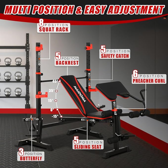 MAIDOMA Foldable 1500LBS Capacity 8 IN 1 Weight Bench Set with Leg Extension/Squat Rack/Preacher Curl, Adjustable Bench Press for Home Gym Full Body Workout (US Stock)