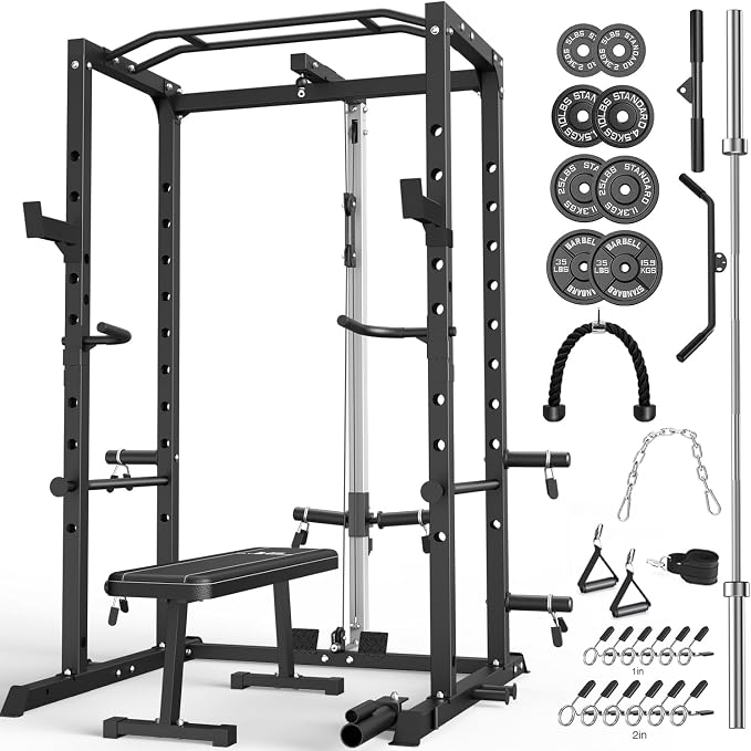 ULTRA FUEGO Power Cage, Multi-Functional Power Rack with J-Hooks, Dip Handles, Landmine Attachment and Optional Cable Pulley System for Home Gym