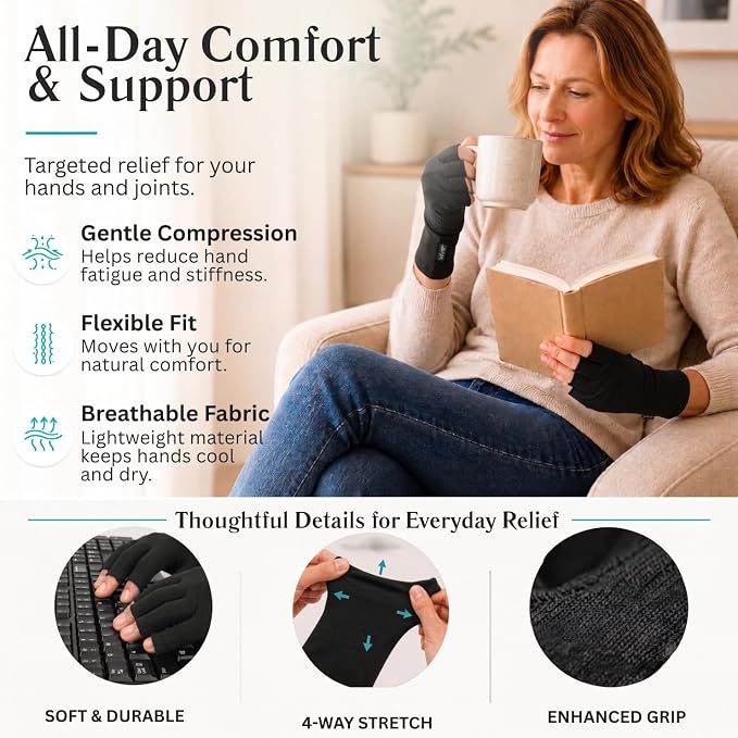 Vive Arthritis Gloves - Men, Women Rheumatoid Compression Hand Glove | Osteoarthritis- Arthritic Joint Pain Relief - Carpal Tunnel Wrist Support - Open Finger, Fingerless Thumb for Computer Typing