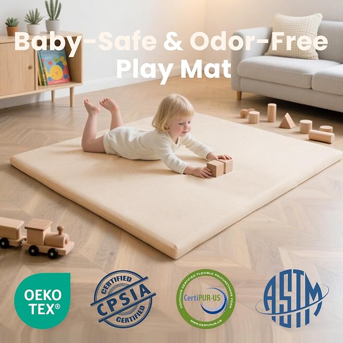 Huloo Sleep Baby Play Mat 47x47 Inches, 1.3" Thick Padded Waterproof Floor Cushion & Playpen Mat with Vegan Leather, Non-Slip & Non-Toxic Nursery Rug for Infants, Toddlers & Kids(Beige)