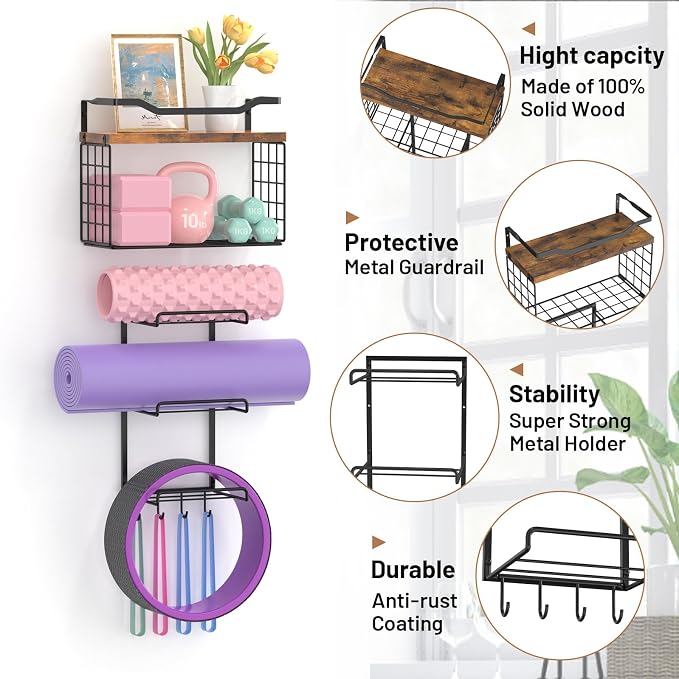 Yoga Mat Holder Wall Mount, Yoga Accessory Mats Storage Rack , Home Gym Accessories Organizer Storage With Wood Floating Shelves, Storage Basket and 4 Hook For Hanging Yoga Strap & Resistance Bands