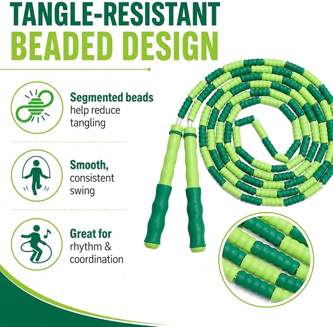 Jump Rope for Kids, Beaded Jumping Rope for 8-12, 9Ft Adjustable Skipping Rope with Soft Beaded, Tangle-Free Jumprope for Girls Boys, Students Outdoor Fitness Exercise