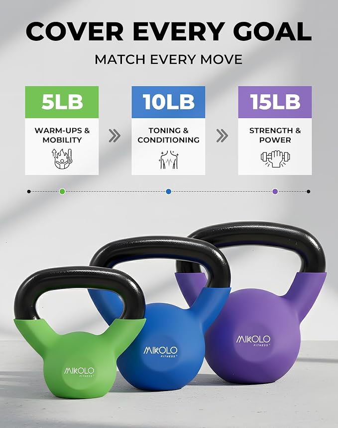 Mikolo Neoprene Coated Cast Iron Kettlebells 5-30LB Set, Solid Weight Set with Wide Grip Handle and Flat Bottom, Ideal for Full Body Strength Training at Home Gym