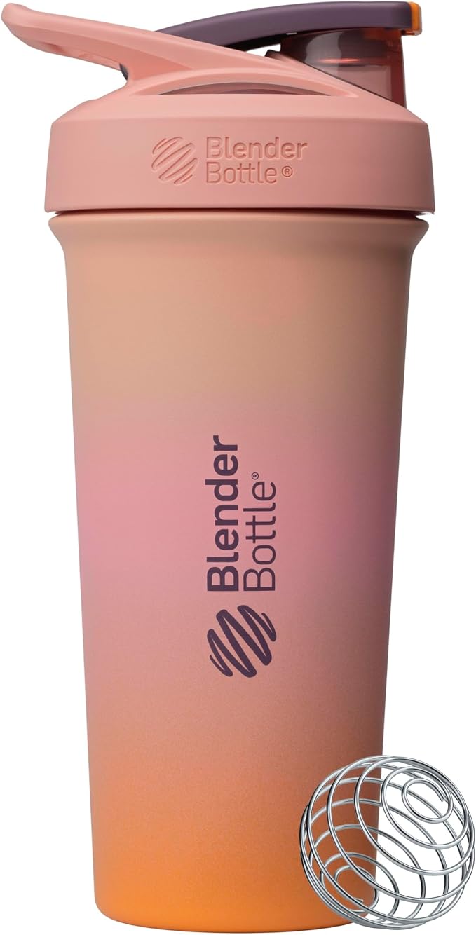 BlenderBottle Sport Sleek Shaker Cup Insulated Stainless Steel Water Bottle with Wire Whisk, 25-Ounce, Sunrise (Pink/Orange)