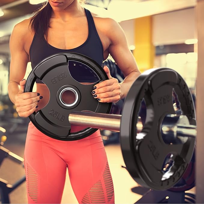RitFit Olympic Rubber Grip Weight Plates, 2-Inch Barbell Set | Solid Iron Core, Rubber Coated, 2-Inch Olympic Bar Compatible, 3-Hole Grip, 2.5LB to 45LB Weight Options