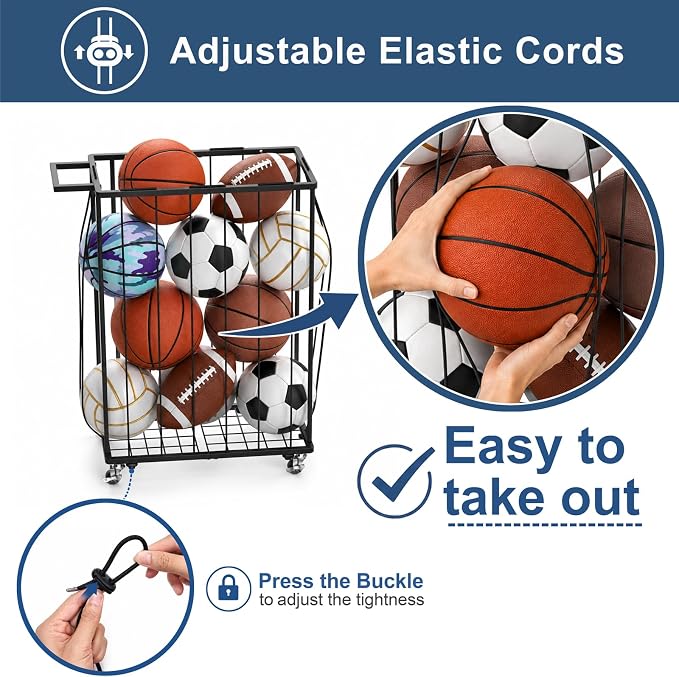 Garage Ball Storage Rack with Wheels, Metal Sports Ball Holder | Basketball Soccer Volleyball Holder with Adjustable Elastic Cords, Ball Organizer Space Saving Rack for Basement Gym Outdoor