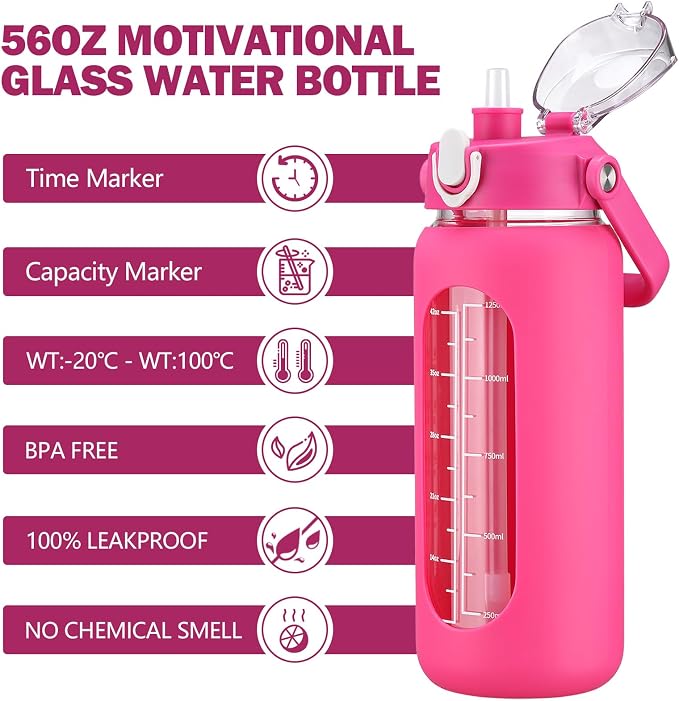 56oz Glass Water Bottles with Straw, Motivational Glass Bottle with Silicone Sleeve and Time Marker, Leakproof Large Glass Water Jug for Gym Home Office,Rose red