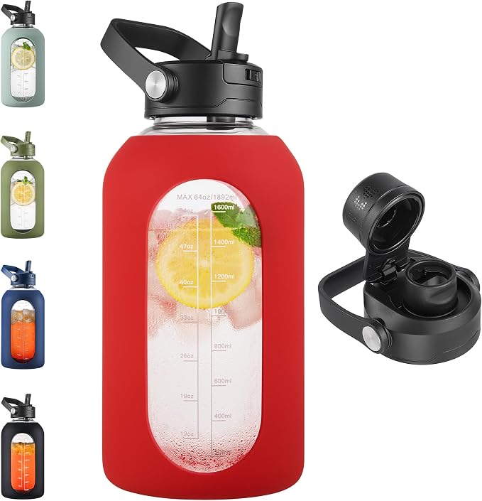 CIVAGO 64 oz Glass Water Bottle Jug with Detachable Straw and Time Maker | Half Gallon Motivational Large Flask Cup with Handle, Leakproof Lids, Wide Mouth, Silicone Sleeve, Tumbler for Juice, Red