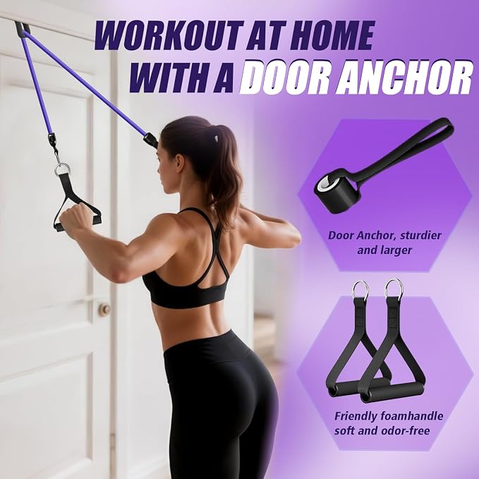 WHATAFIT Resistance Bands with Handles, 5-Level Exercise Bands for Workout | Natural latex,10-50 lbs, stackable to 150,Ankle Straps, Door Anchor,Guide. For Strength, Yoga,Home Gym,Travel & Workout.