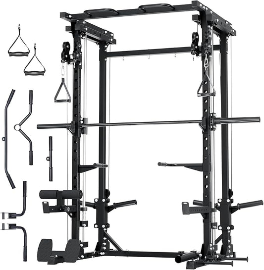MAJOR FITNESS Drone3 Smith Machine, 2500lbs All-in-One Home Gym Power Rack with Dual Pulley System for Cable Crossover, Pull-Up Bars