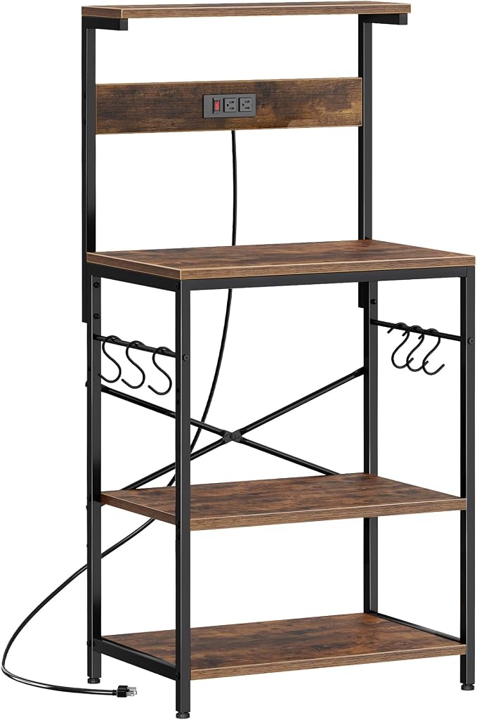 SUPERJARE Kitchen Bakers Rack with Power Outlet, Coffee Bar Table 4 Tiers, Kitchen Microwave Stand with 6 S-shaped Hooks, Storage Shelf Rack for Spices, Pots and Pans - Rustic Brown