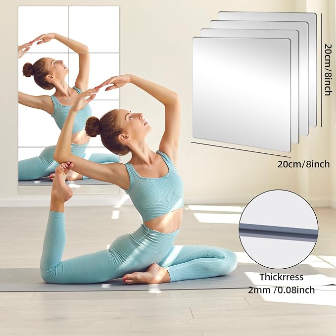 Stick on Small Mirror for Wall Decor, 4 Pack 11.7”x11.7” Acrylic Mirror Tiles, Plastic Non Glass Sticky Kids Safety Toddler Mirrors, Shatterproof Mirrors Sheet for Bedroom Closet