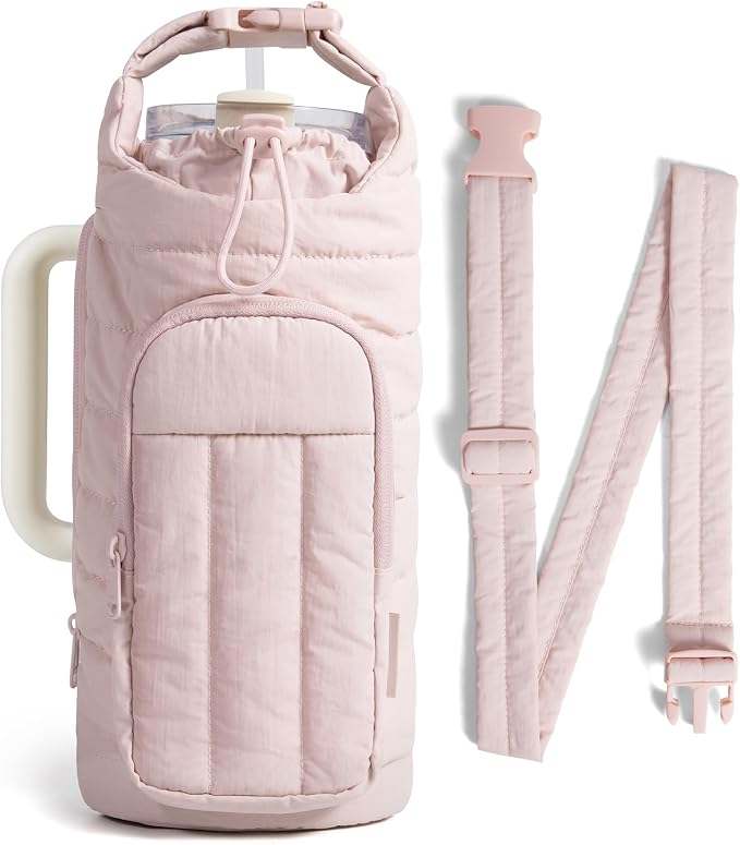 BAGSMART 40oz Water Bottle Holder with Strap, Quilted Gym Accessories | Magnetic or Classic Design, Lightweiht Tumbler Drink Carrier, Quilted Crossbody Purse