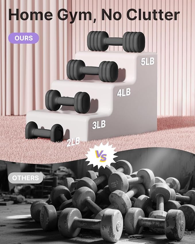 YOTTOY Adjustable Dumbbell Set of 2, 4-in-1 Hand Weights for Women at Home, Compact Free Weights Dumbbells Set with Soft Grip and Base, 2-5 lbs Each for Home Gym