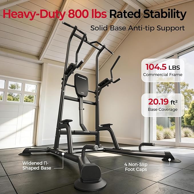 FLYBIRD 800LBS Heavy Duty Power Tower Dip Station, Adjustable Height Pull Up Stand with Crunch Leg Raise, Multifunction Strength Training Equipment for Home Gym Back Workout