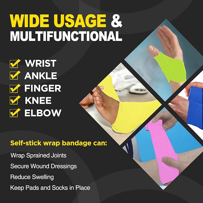 OK TAPE 12 Rolls Self Adhesive Bandage Wrap, Cohesive Elastic Athletic Tape | Vet Wrap, Sports Tape, Medical Wrap for Wrist, Feet, Self Stick Bandage Tape, 2" x 5 Yards - Mixed Color
