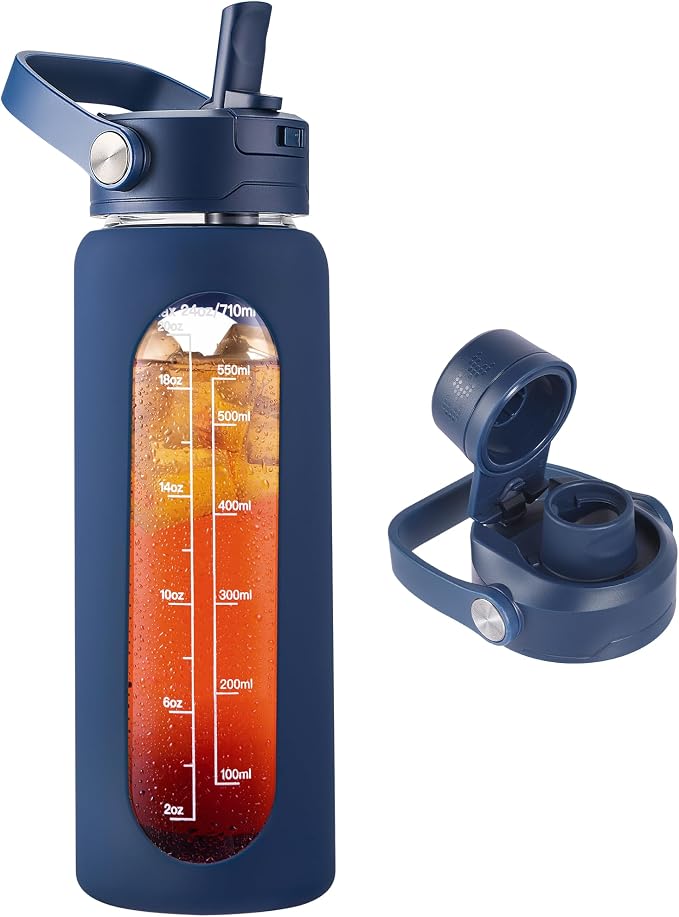 CIVAGO 24 oz Glass Water Bottle with Detachable Straw and Time Maker | Motivational Large Flask Cup with Handle, Leakproof Lids, Wide Mouth, Silicone Sleeve, Tumbler for Juice, Navy