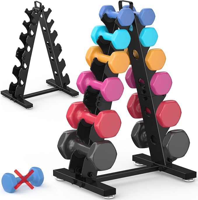 TomCare 6-Tier|5-Tier|4-Tier|2-Tier Dumbbell Rack Stand Only for Home Gym | Stable A-Frame, Fits 5–35 lb Dumbbells, Protective Padded Cradles, Adjustable Feet, Easy-Carry Handle (Stand Only)