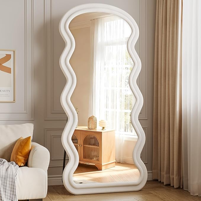 Full Length Mirror, 71"x32" Wavy Full Body Mirror Flannel | Full Body Mirror with Stand, Flannel Floor Mirrror Bedroom and Living Room, Wall Mirror Hanging or Leaning, White