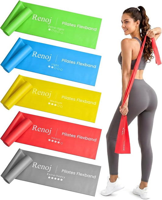 Renoj Pilates Flexbands, 5-Pack Latex-Free Resistance Bands Set – Exercise Bands for Pilates, Yoga, Stretching & Physical Therapy | Home Gym Equipment for Women & Men