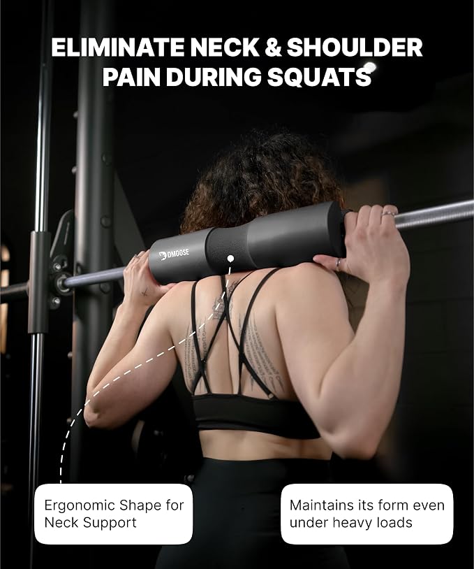DMoose Fitness Barbell Pad for Hip Thrust, Squat & Lunges - Non-Slip Thick Foam Cushion for Neck and Back Support with Two Straps - Hip Thrust Pad for Leg Day - Fits All Olympic Bars and Smith Machine