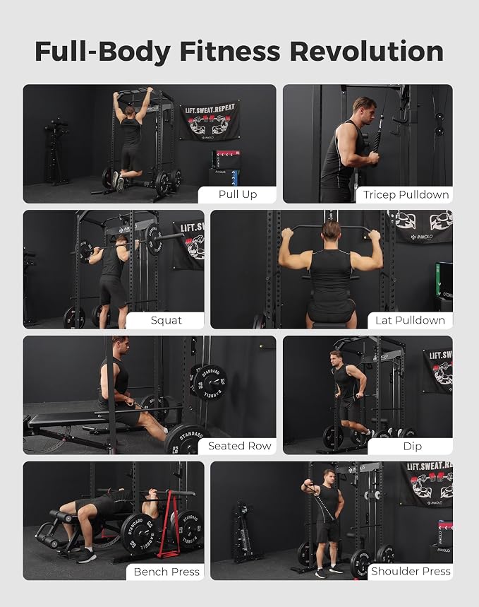 Mikolo F4 2.0 Power Cage with Dual-Track Smooth Pulley System, 1200LBS Power Rack with Leg Hold-Down for Heavy LAT Pulldowns