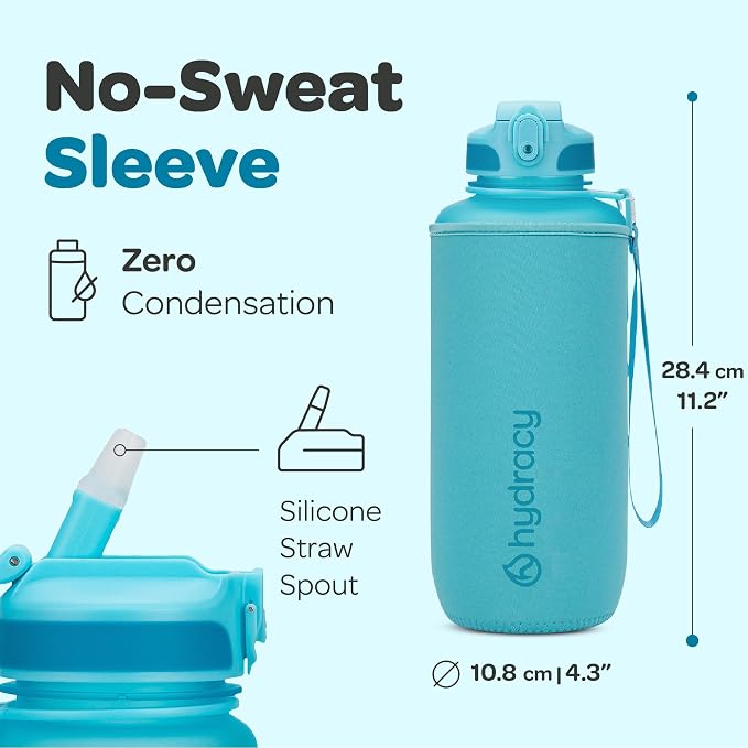 Hydracy 2L Large Water Bottle, Shatterproof, BPA Free Tritan Plastic, Leakproof, Zero Condensation, With Detachable Carry Strap, Spillproof Lid, Convenient Silicon Spout, Ideal for Gym, Yoga | Leakproof,BPA Free,No Sweat Neoprene Sleeve,Carry Strap,Dai...