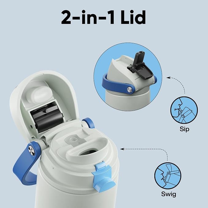 Insulated Water Bottle with Straw - Encool Stainless Steel Water Bottle with Push Button Lid, Leak-Proof & BPA-Free, Keeps Cold for 24 Hours for Sports, Travel, Gym (24 oz, Quill Grey-Blue)