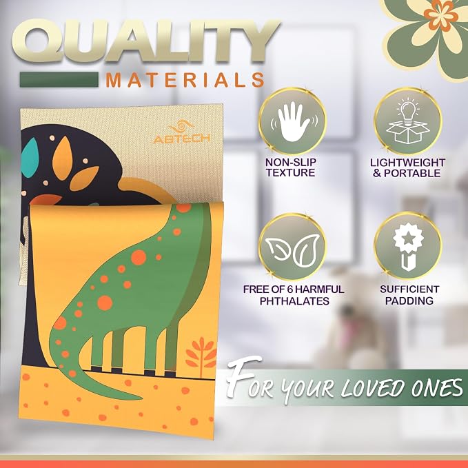 Kids Yoga Mat Set - Comfortable Dinosaur Kid Yoga Mat Boy with 12 Yoga Cards, Storage Bag, Beige Play Mat Thick for Gymnastics Mat, Exercise Mat, No-Toxic and Non-Slip for Ages 3-12