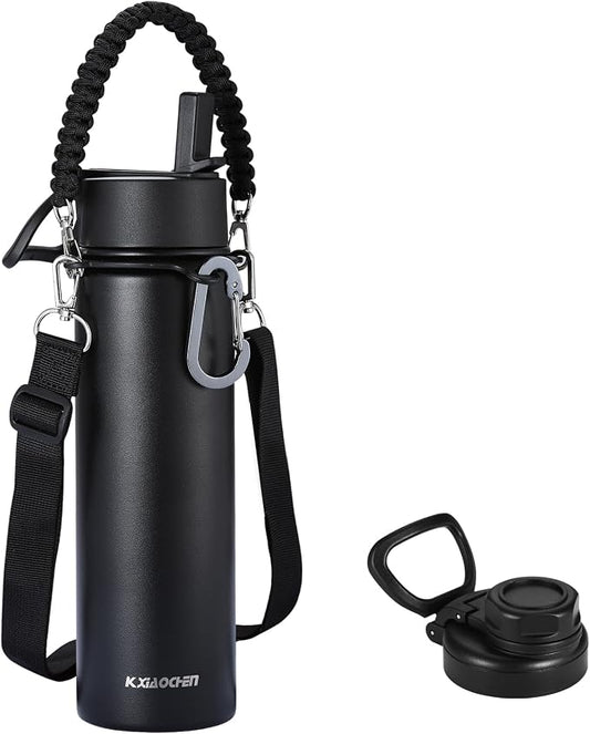 KXIAOCHEN Insulated Water Bottle with Strap, 48-Hour Cold, 2 Lids | Triple-wall insulation, lead-free 18/8 Stainless steel, paracord handle, carabiner clip, for gym, hiking, camping and travel
