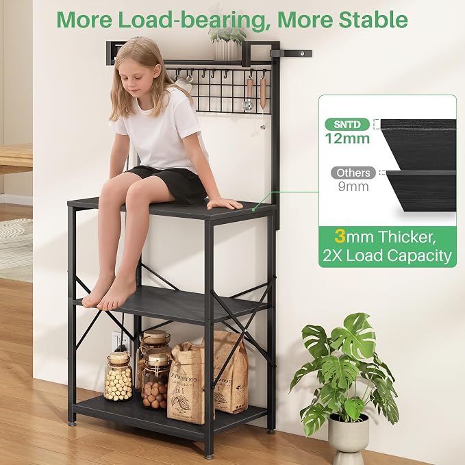 SNTD Bakers Rack with Power Outlet, Microwave Stand, Black, 23.5" W | Coffee Stand, 4 Tiers Kitchen Storage Shelves, Wire Grid Panel, 10 Hooks, Metal Frame, Triple X-Shaped Reinforcement
