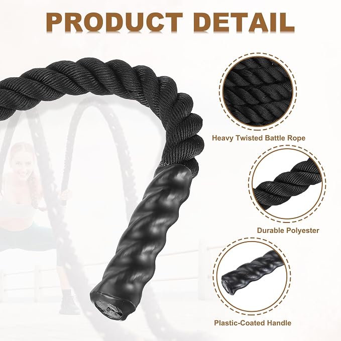 MECCANIXITY Battle Rope 10ft x 2 Inch Polyester Workout Rope Heavy Fitness Exercise Rope for Strength Training Home Gym Muscle Building, Black