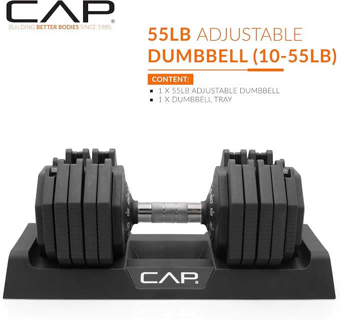 CAP ADJUSTABELL Adjustable Dumbbell Set, Premium Quick Select Adjustable Weights for Strength Training, Singles & Pairs, 12.5 LB, 25 LB & 55 LB, Round & Hex Dumbbells, Multiple Grip Handle Options