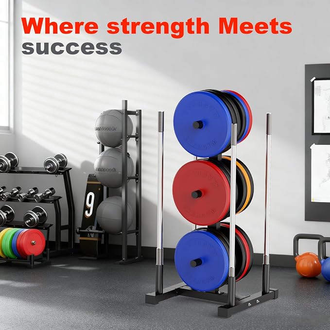 FAHKNS 660LB Capacity Weight Plate Rack, Wide Reinforced Base Olympic Weight Rack, Heavy Duty Weight Tree Weight Plate Holder, Space Saving Weight Rack for Plates with Vertical Barbell Storage for Home Gym