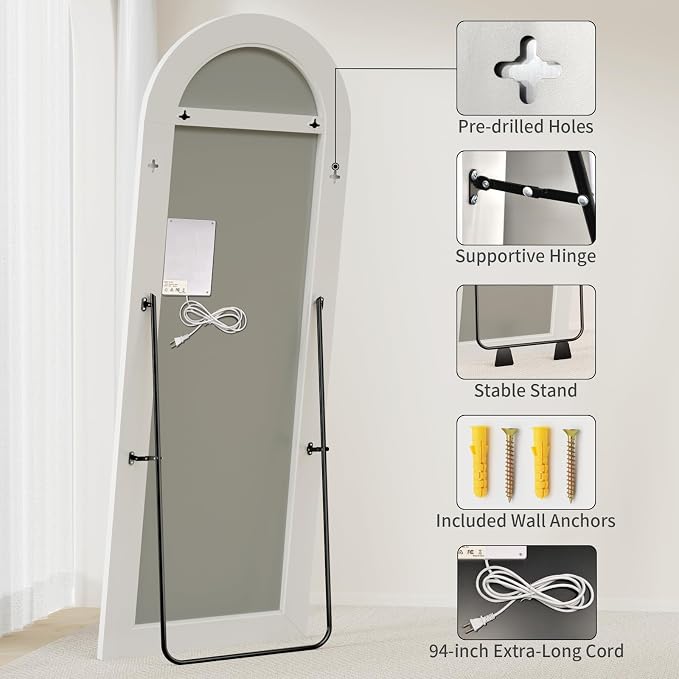 Koonmi LED Full Length Mirror, 71"x32" Full Length Mirror with Lights, Lighted Floor Mirrors with Stand, Full Body Mirrors with Dimming & 3 Color Lightingfor Living Room Cloakroom, White