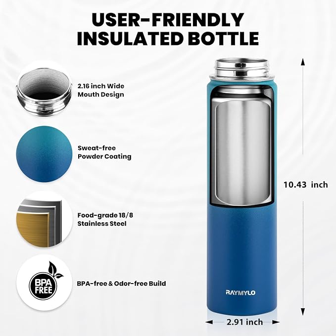RAYMYLO Insulated Water Bottle 24 oz, Triple Wall Vacuum Stainless Steel | (Cold for 24Hrs, Hot for 12Hrs), Leak Proof & Non-BPA, Modern Water Flask Jug with Paracord Handle & Straw Spout Lids