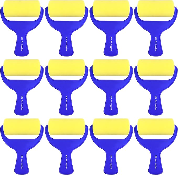Foam Paint Roller 12 Piece Set 3''x12, Sponge Roller for Painting Art & Craft, Soft & Disposable & Washablea, Blue, Yellow