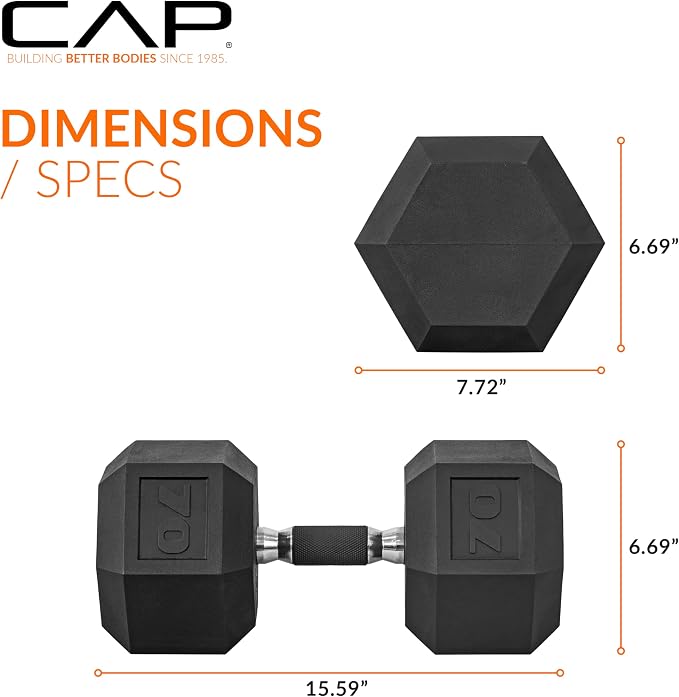 CAP Rubber Coated Dumbbell Weights, Free Weights for Home Gym Strength Training, Anti-Roll Hex Dumbbells with Black, Chrome & Comfort Grip Handles, Pairs & Sets