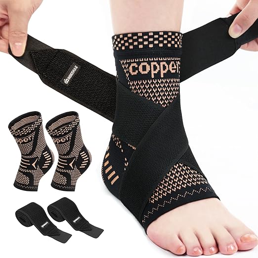 INDEEMAX Ankle Brace for Women & Men, Ankle Compression Sleeve Support Copper Infused Ankle Brace for Sprained Ankle, Plantar Fasciitis Sports, Achilles Tendonitis Pain Relief, Copper Black, S