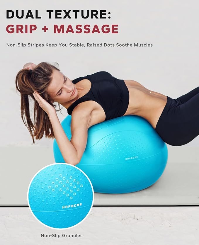 HAPBEAR Exercise Ball- Anti-Burst Slip-Resistant Yoga/Pilates Ball for Core Training & Posture Improvement, Home Gym/Rehab/Pregnancy Ball, Quick Pump & 3 Resistance Bands Included