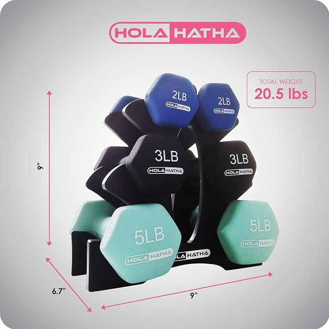 HolaHatha 1, 2 and 3 lb Neoprene Dumbbell Strength Training Weight Set with Rack